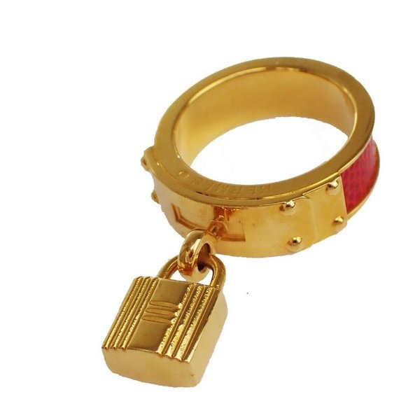 Auth HERMES Kelly Cadena Motif Scarf Ring Red Exotic Leather Gold Accessory - Picture 1 of 16